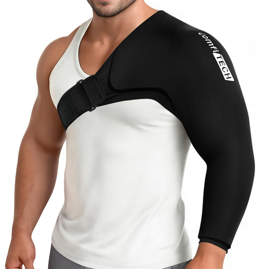 Comfitech Shoulder Arm Ice Pack Wrap in action providing targeted shoulder and elbow cooling.