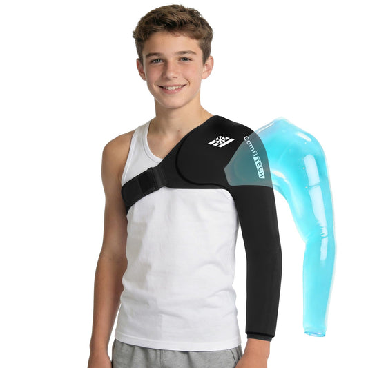 ComfiTECH shoulder-arm wrap applies targeted cooling to shoulder and elbow for post-throw recovery