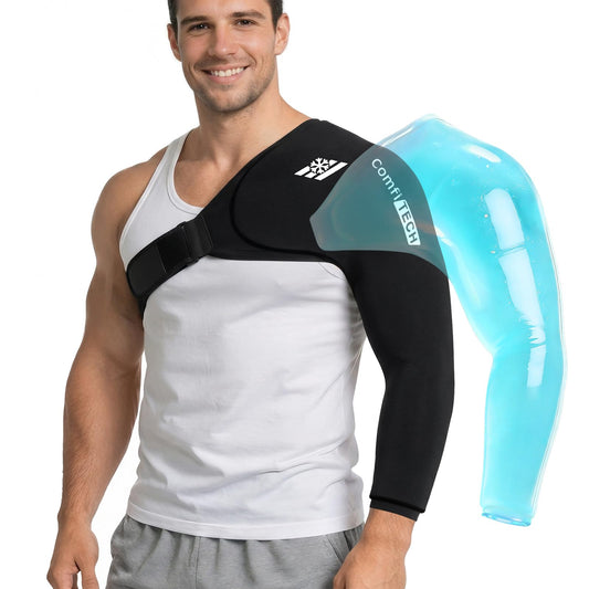 ComfiTECH Shoulder Arm Ice Pack Wrap on a pitcher after practice for cooling and recovery.
