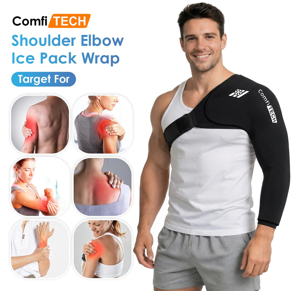 ComfiTECH Shoulder Arm Ice Pack Wrap worn by a volleyball player for targeted shoulder relief.