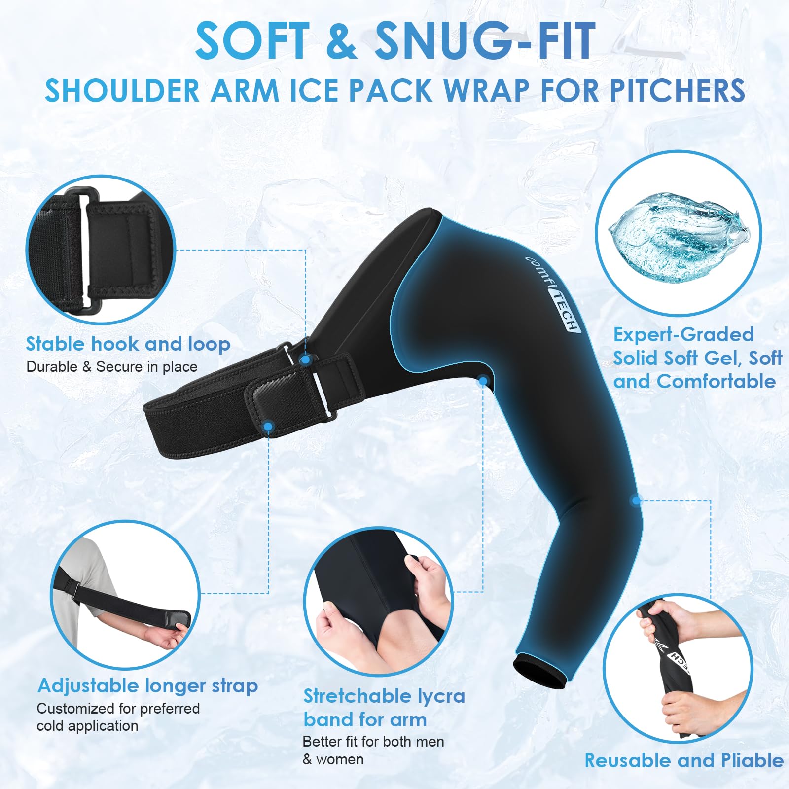 ComfiTECH snug-fit gel shoulder wrap contours to the arm for cold therapy.