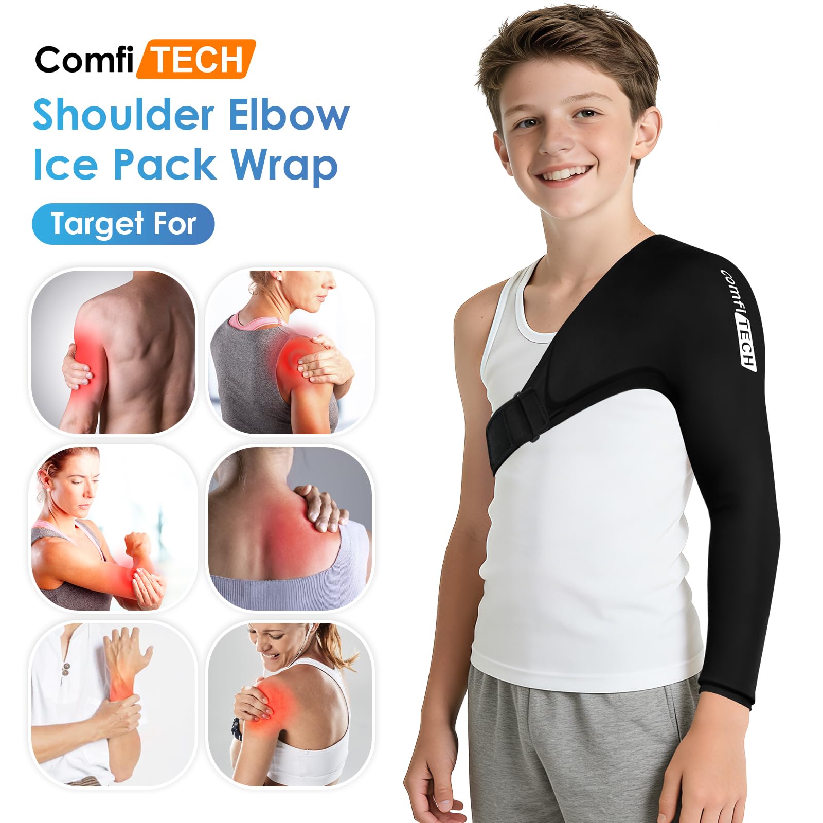 ComfiTECH elbow-area ice sleeve delivers snug comfort and muscle relaxation after activity.