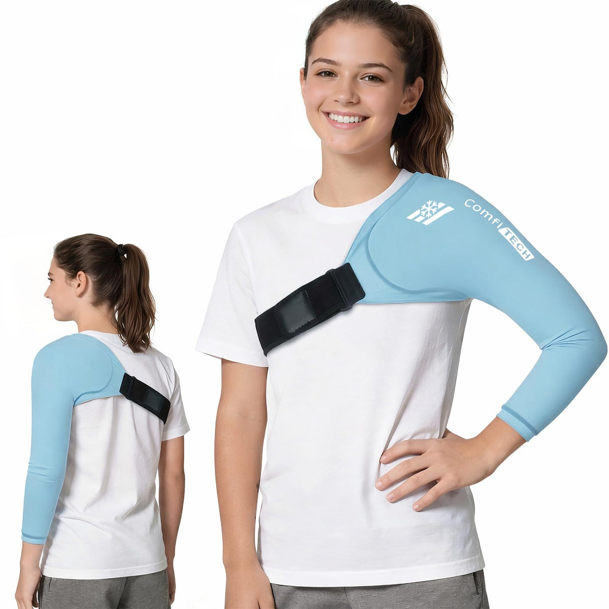 ComfiTECH youth shoulder-arm ice pack wrap for targeted cooling during throwing practice