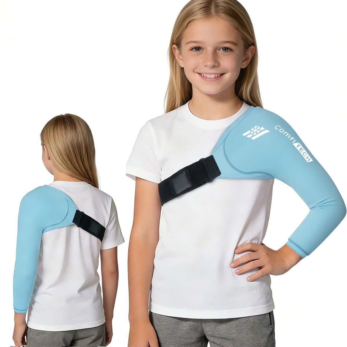 ComfiTECH youth shoulder ice pack wrap worn on the arm for targeted cooling after practice.