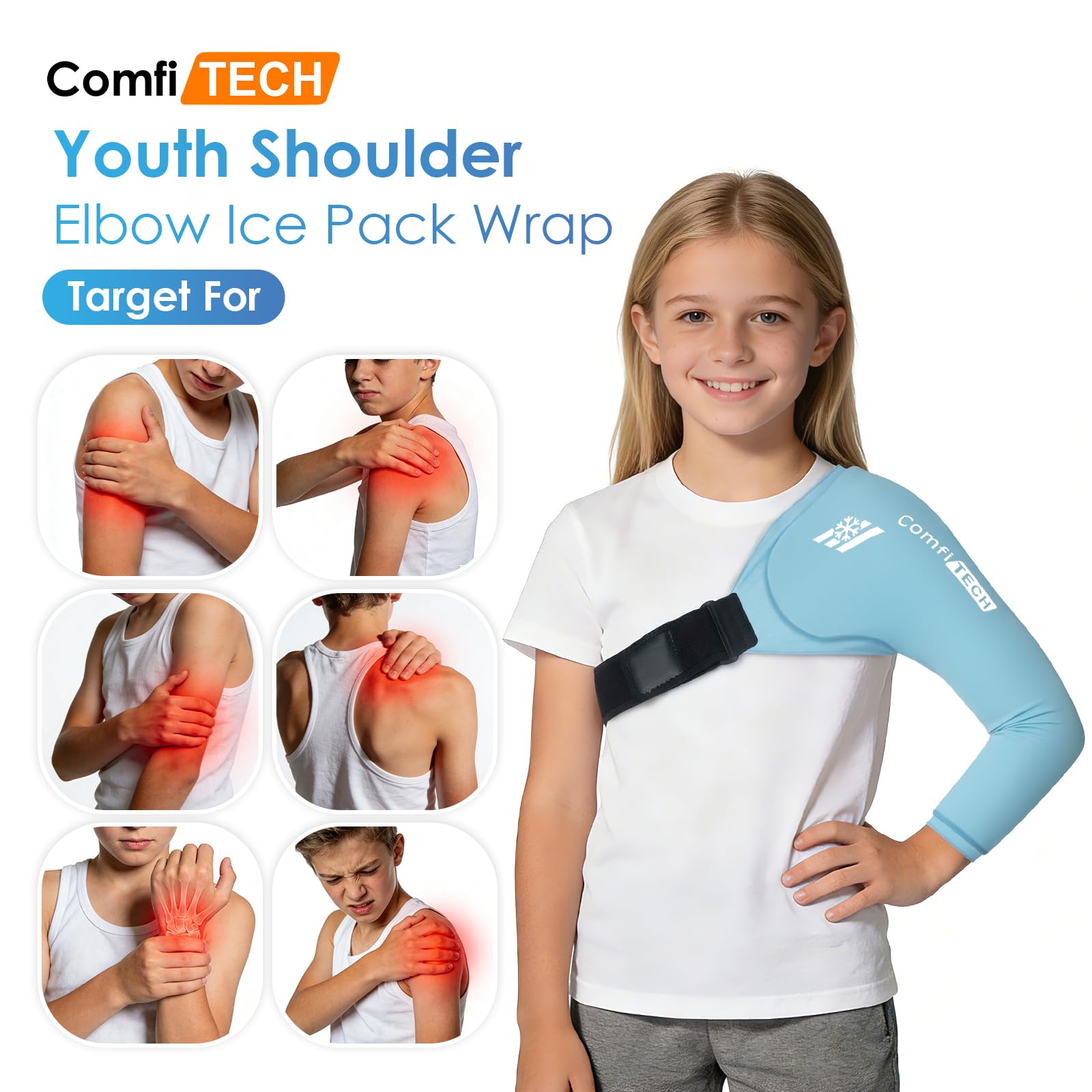 ComfiTECH youth shoulder-arm wrap with adjustable straps provides a secure, comfortable fit.