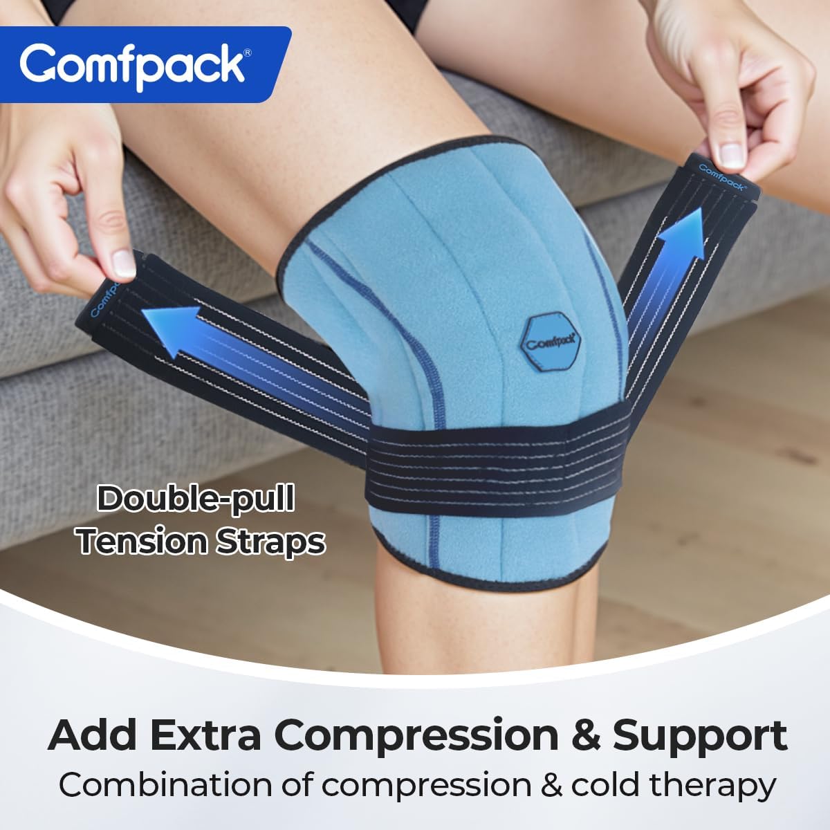 Comfpack knee ice pack wrap with elastic straps delivering hands-free mobility while cooling.