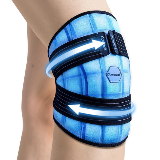 Comfpack knee ice pack wrap front view shows full knee coverage for cooling.