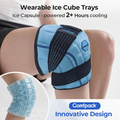 Comfpack knee ice pack wrap side straps showing adjustable compression for a secure fit during activity.