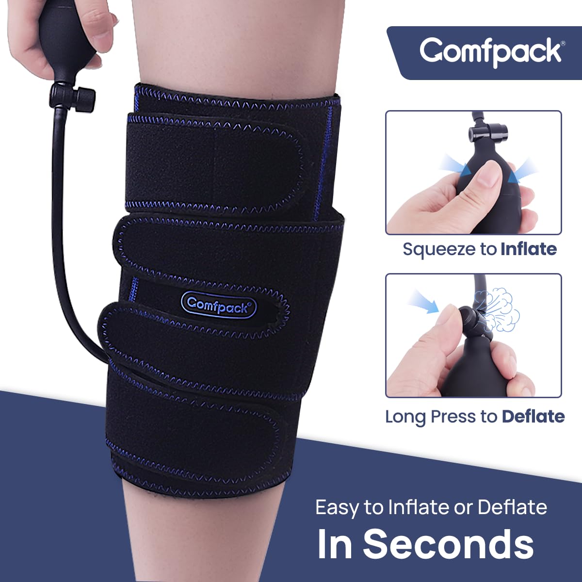 Comfpack knee wrap worn during light activity provides gentle compression.