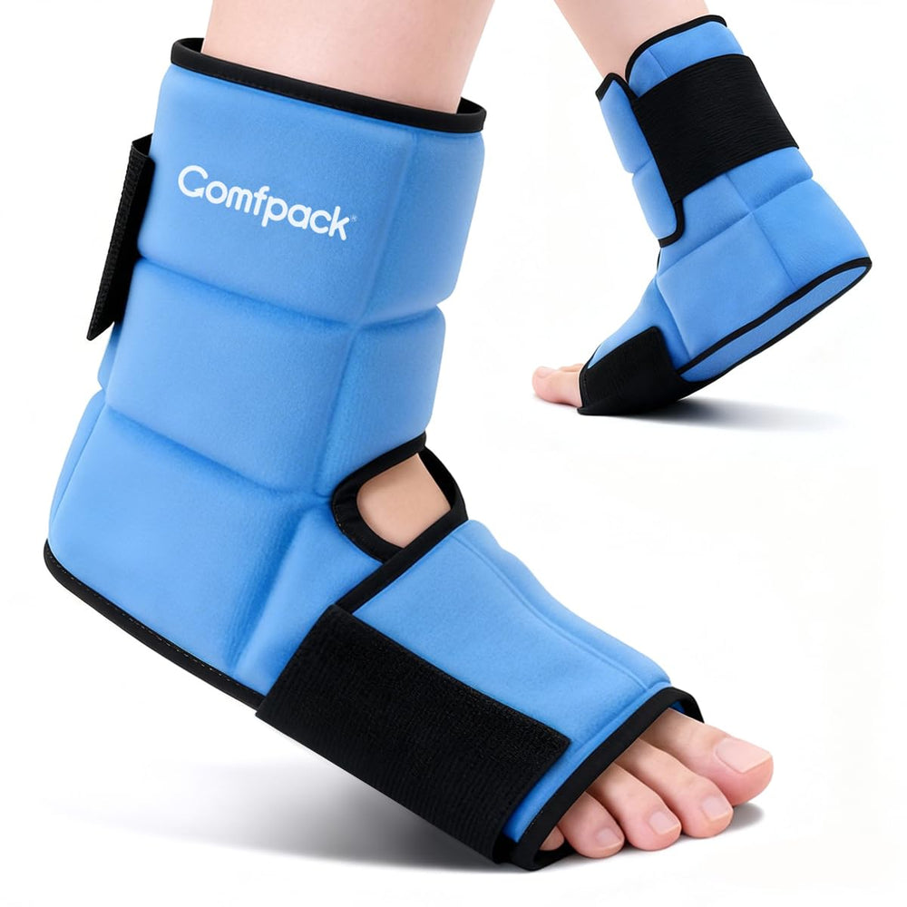 Comfpack segmented gel ankle-foot ice pack provides targeted cold relief for swelling.