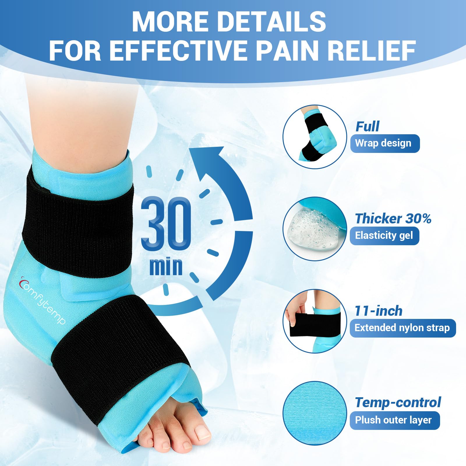 Comfytemp ankle ice pack strap close-up shows adjustable tension for a secure fit.