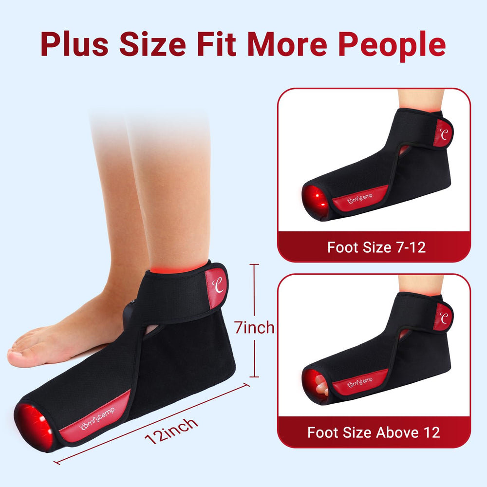 Comfytemp foot wrap worn from the side for portable foot therapy.