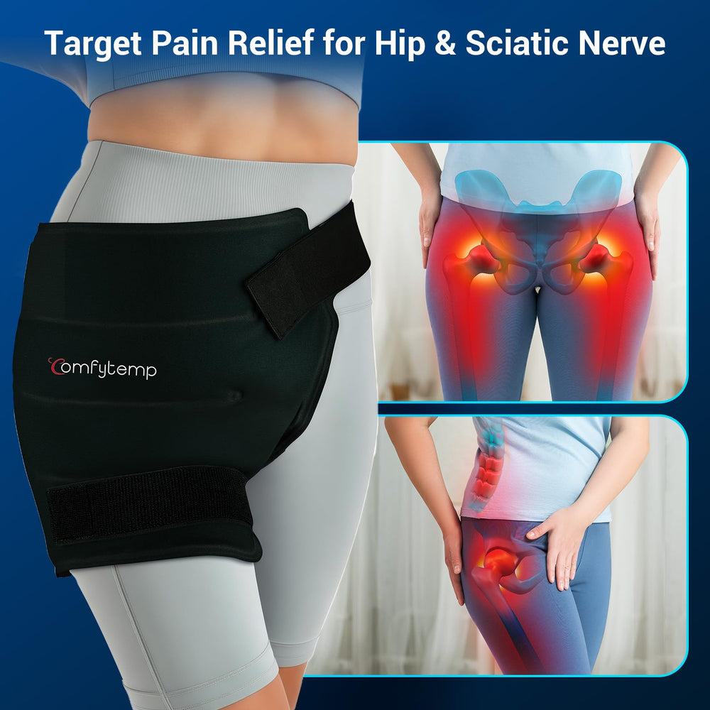 Comfytemp hip wrap shows adjustable straps for secure, hands-free compression.