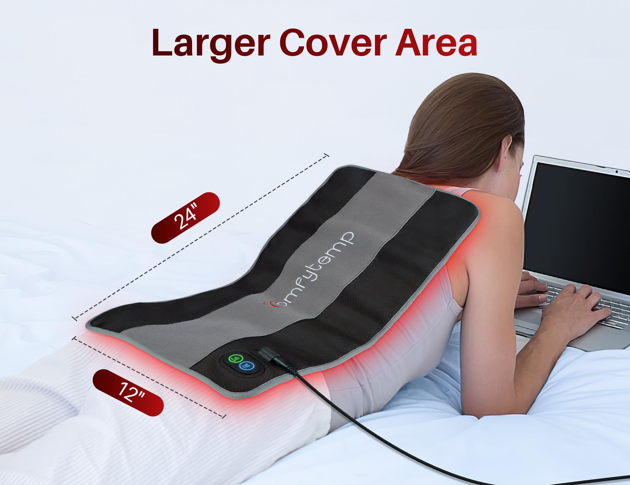 Comfytemp red light therapy pad on the belly provides comfortable downtime warmth.