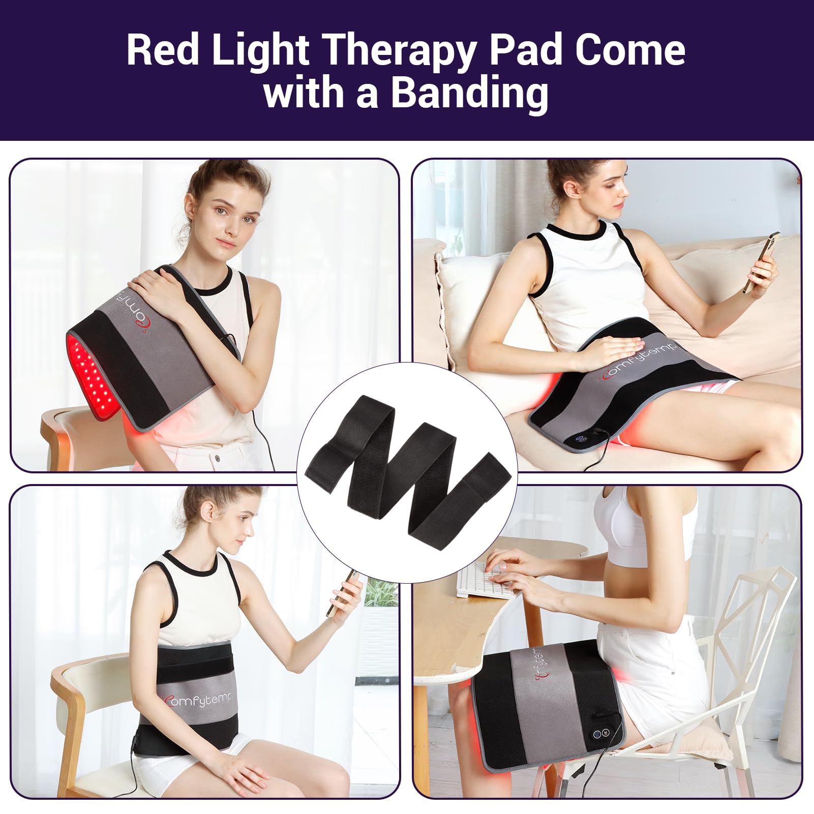 Comfytemp red light therapy pad centered on the waist supports relaxed posture during daily tasks.
