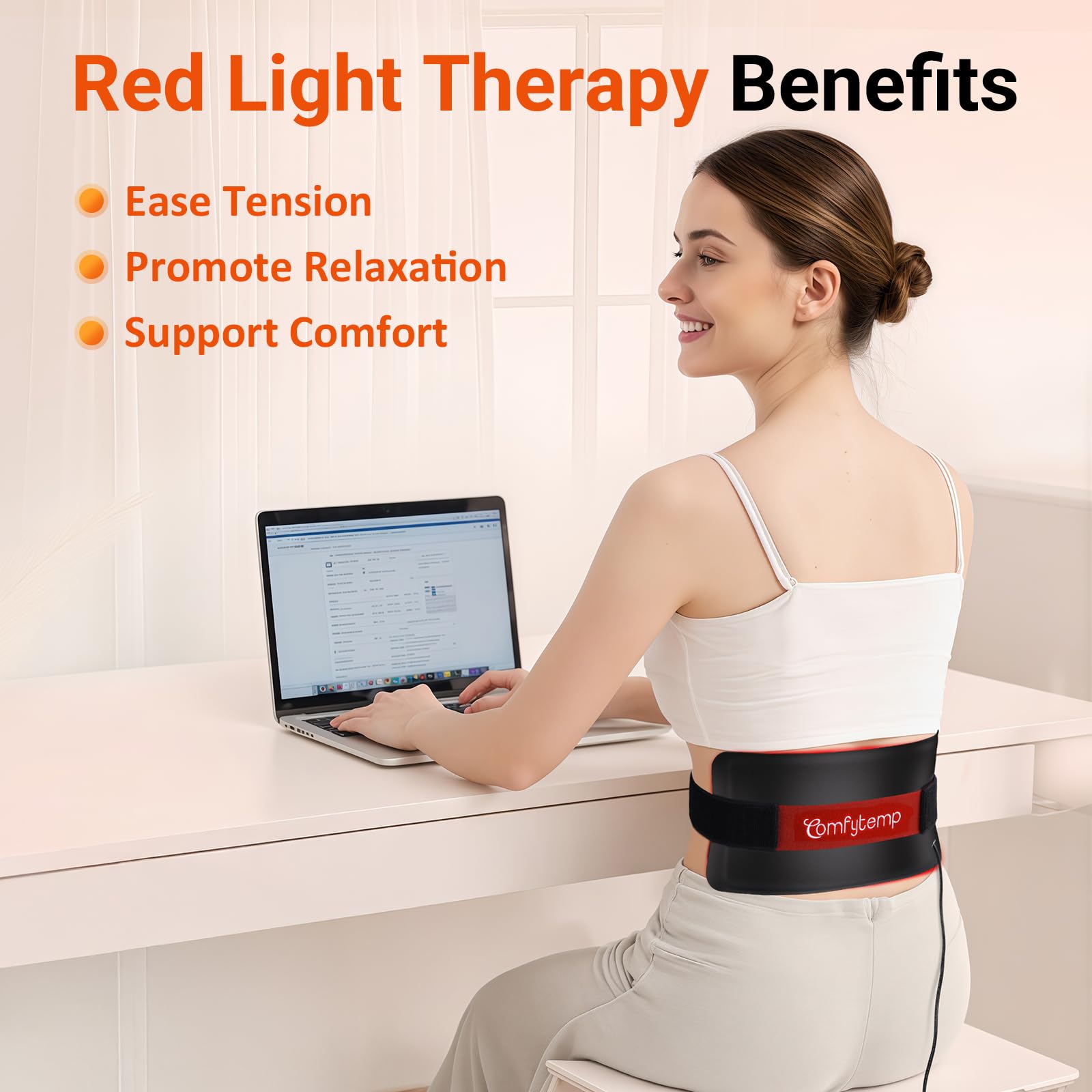 Comfytemp abdominal wrap targets midsection with visible red and near-infrared light.