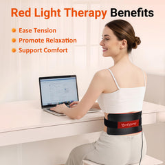 Comfytemp abdominal wrap targets midsection with visible red and near-infrared light.