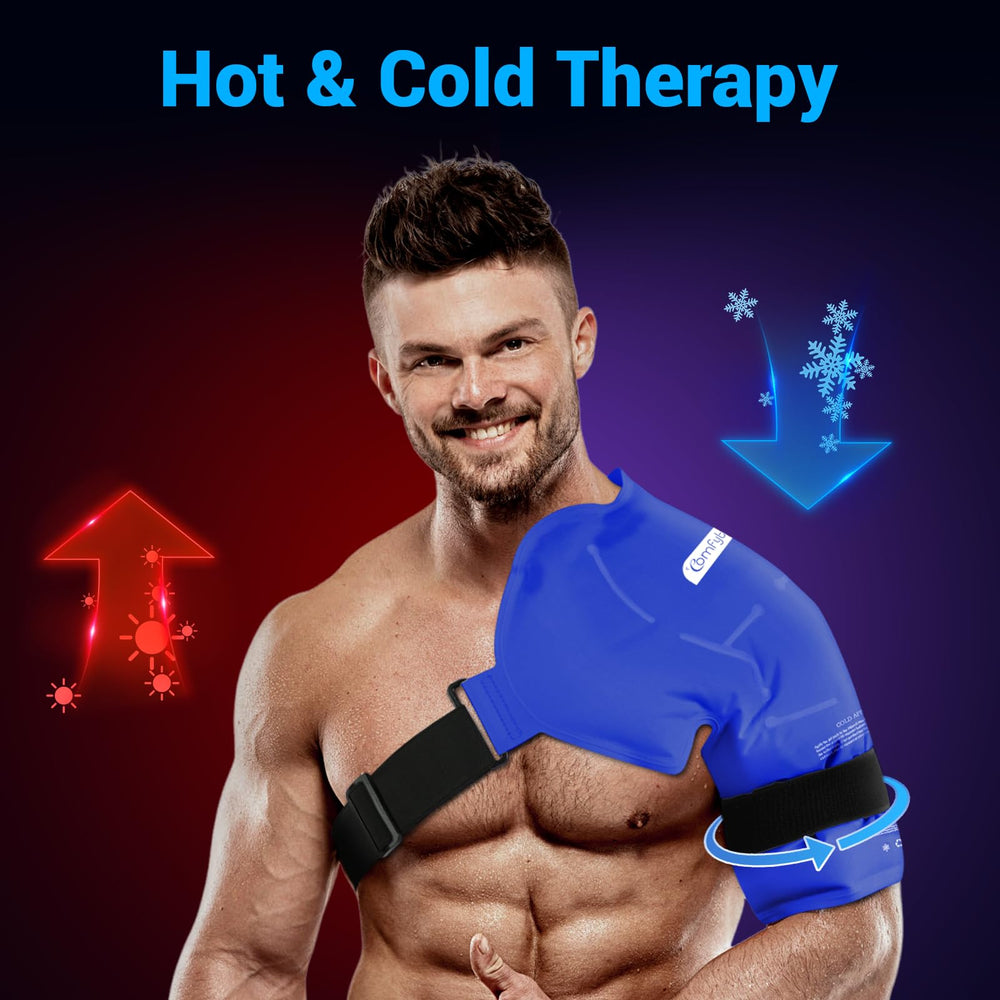The wrap covers shoulder, bicep, and upper arm for broad relief.