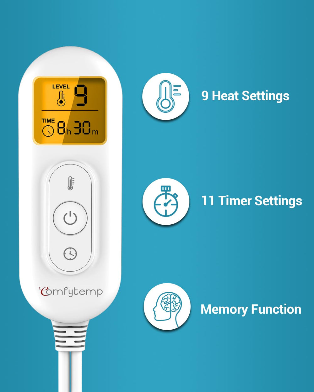 Comfytemp pad displaying 11 auto-off timers for flexible sessions