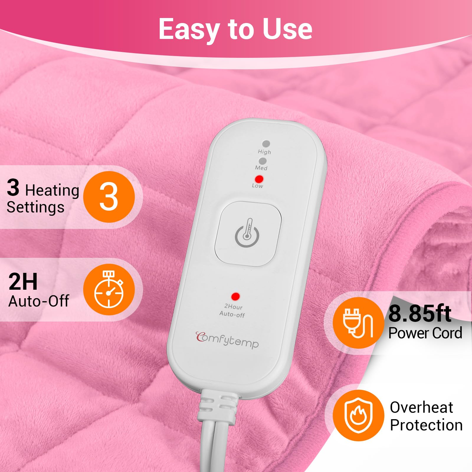 Comfytemp soft flannel cover provides gentle touch and easy machine washing.