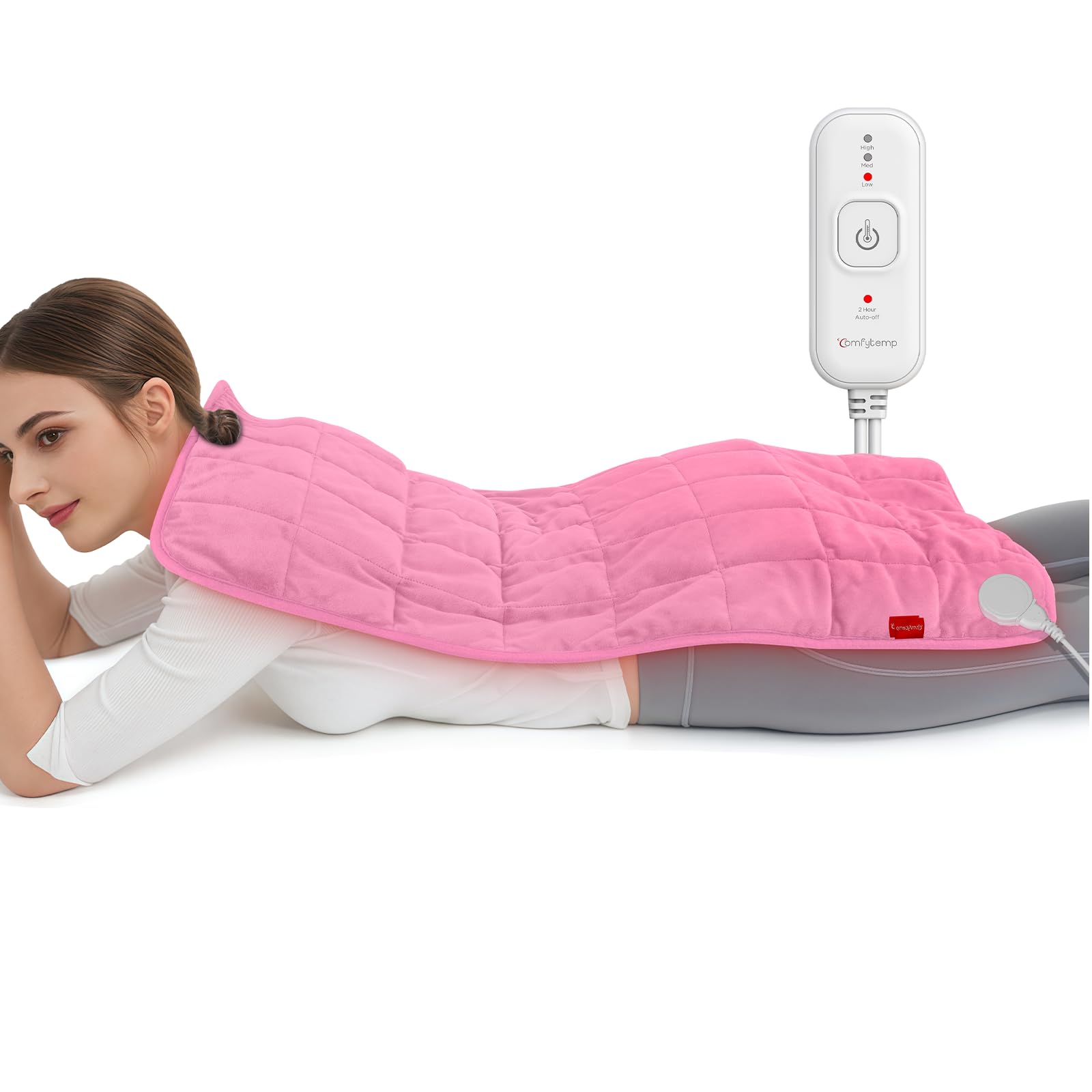 Comfytemp weighted heating pad on full back delivers enveloping warmth for soothing comfort.