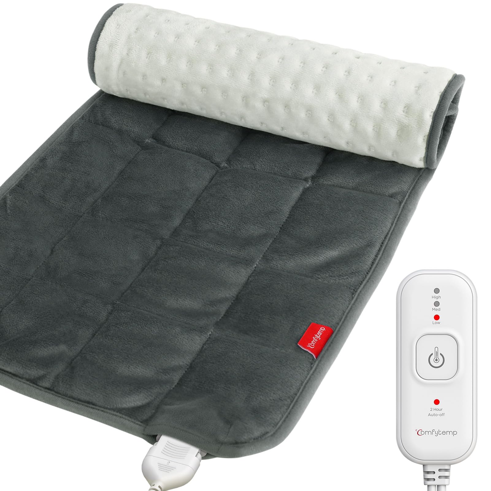 Comfytemp weighted heating pad placed on back and shoulder for soothing warmth and a snug fit.