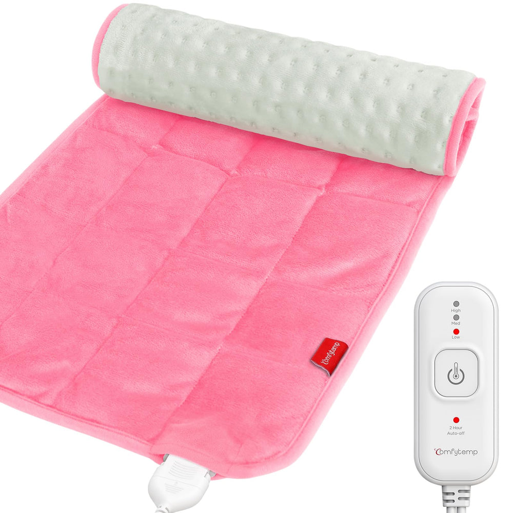Comfytemp weighted heating pad on back and shoulder provides targeted warmth for daily relief.