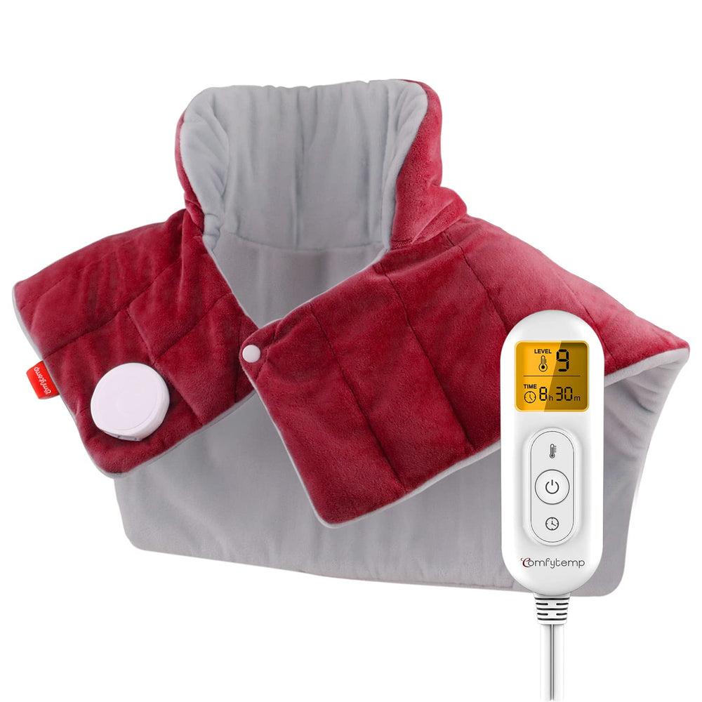 Comfytemp weighted heating pad on neck and shoulders for relaxing warmth.