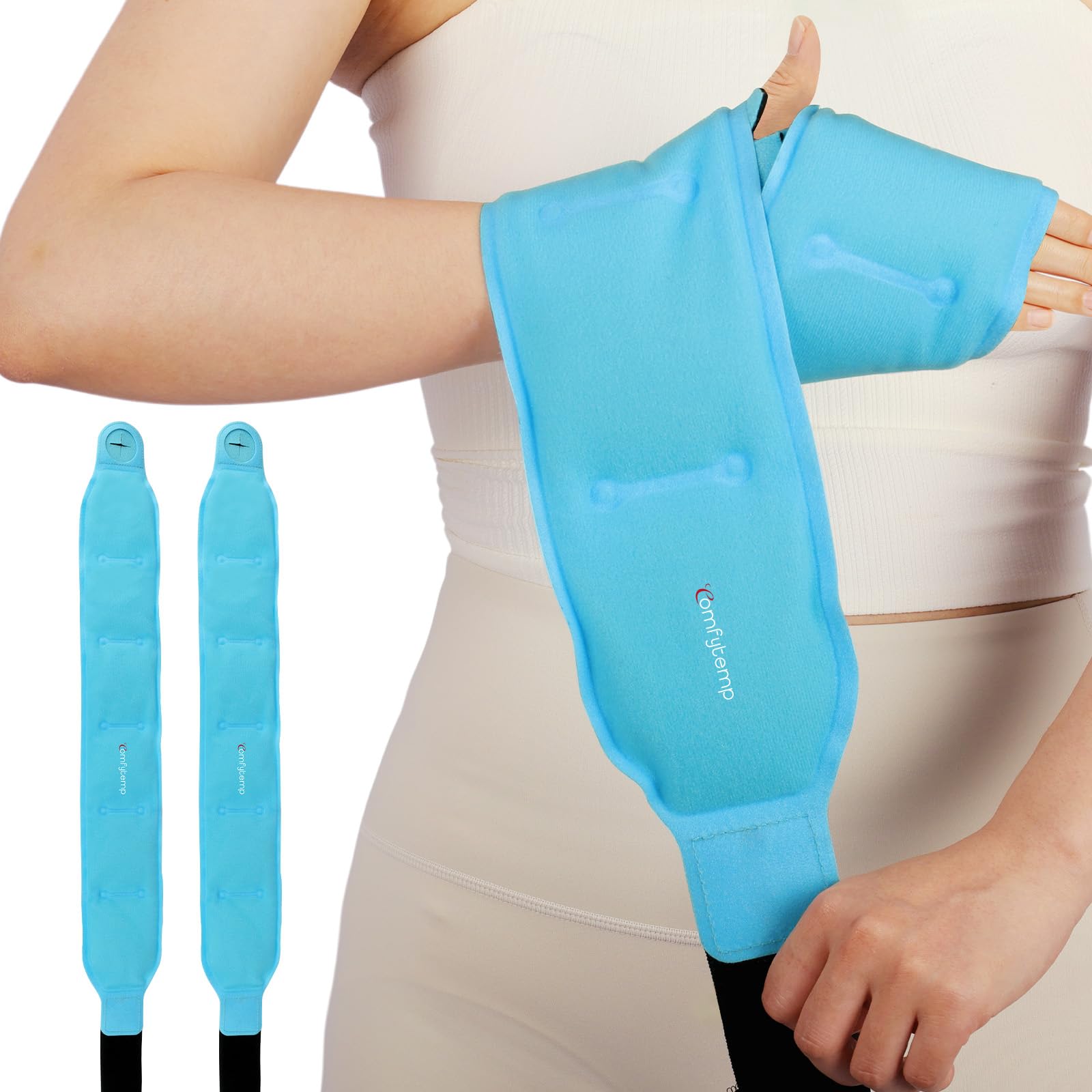 Comfytemp wrist ice pack wrap fully extended over hand and forearm for full coverage