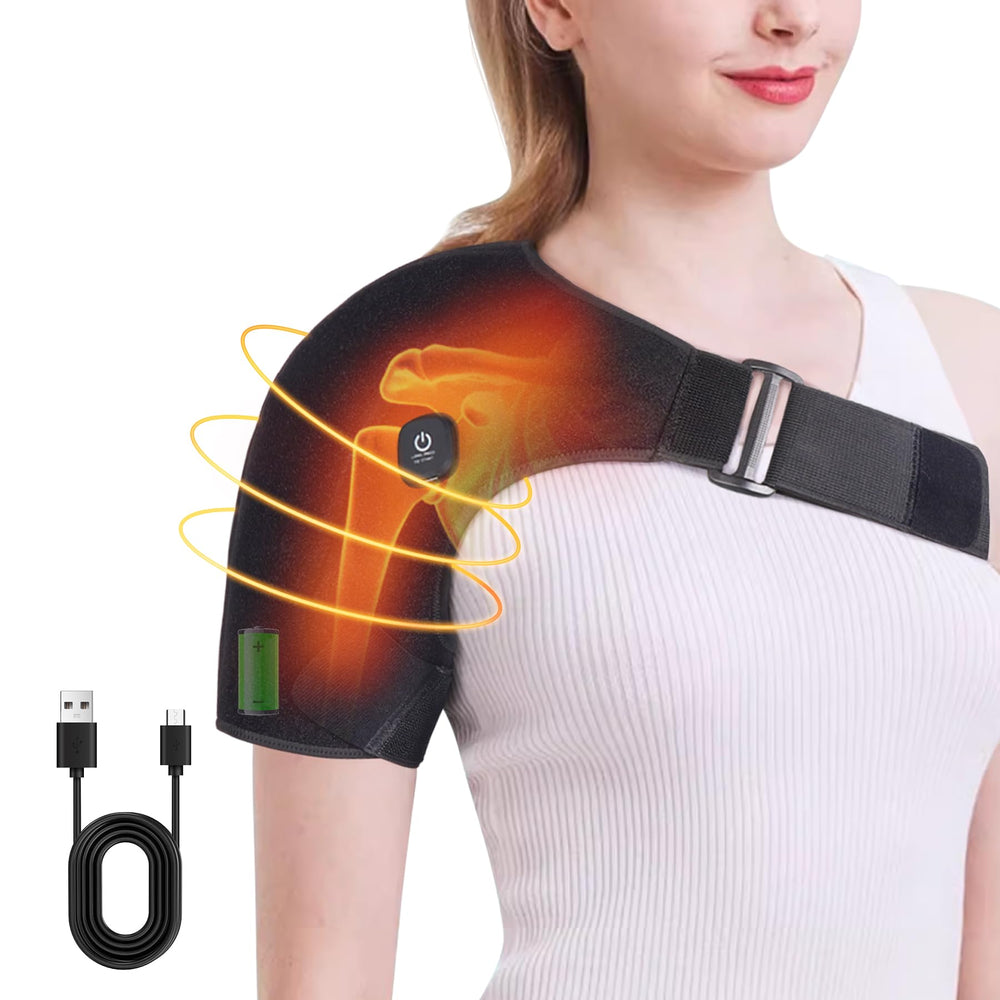 COMFYTHERA cordless heated shoulder wrap on left shoulder, soothing warmth for daily relief.
