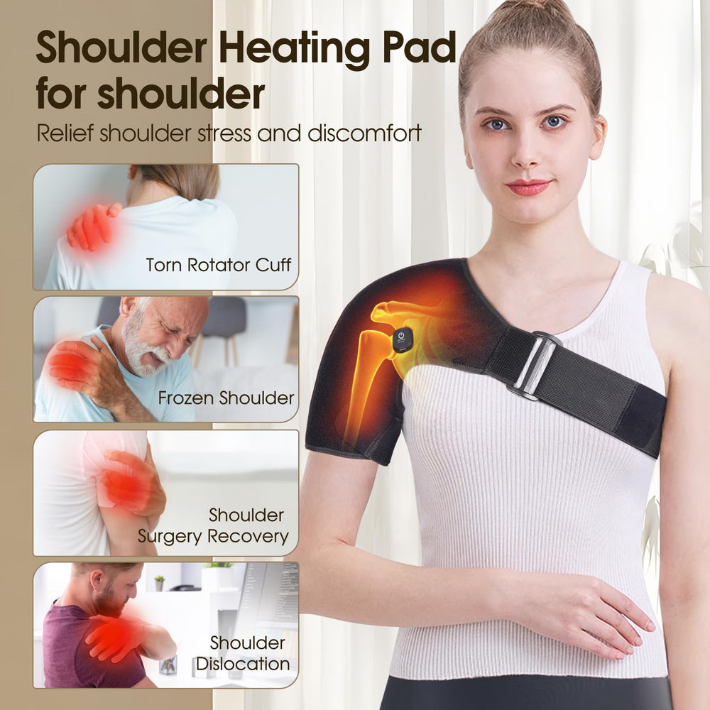 COMFYTHERA cordless heated shoulder wrap on right shoulder, tailored warmth for comfort.