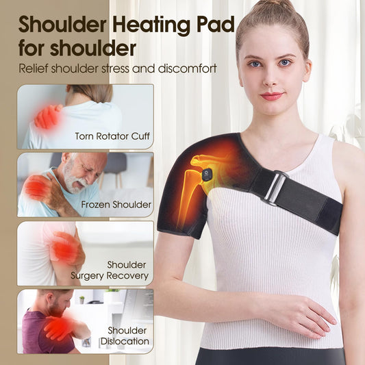 COMFYTHERA cordless heated shoulder wrap on right shoulder, tailored warmth for comfort.
