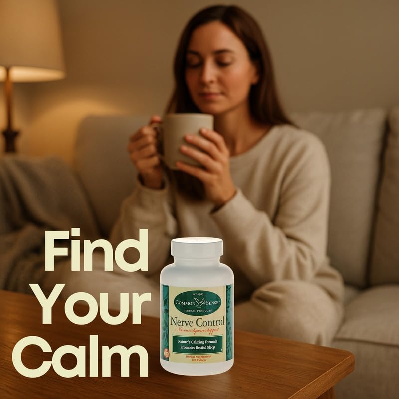 Common Sense Herbal Products Nerve Control bottle on a wooden table with soft lighting.