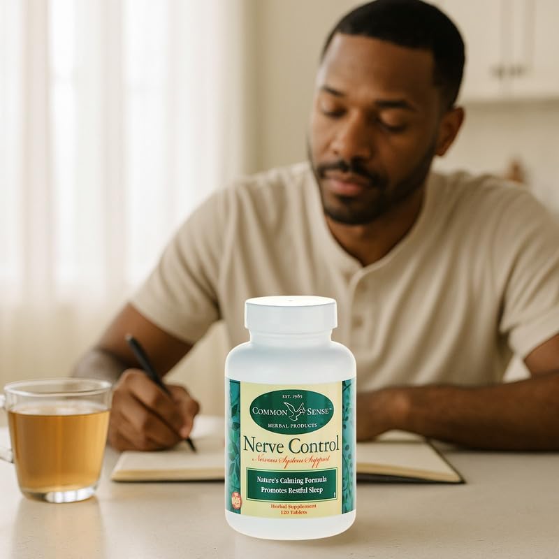 Common Sense Herbal Products Nerve Control pills in a dish for daily use.