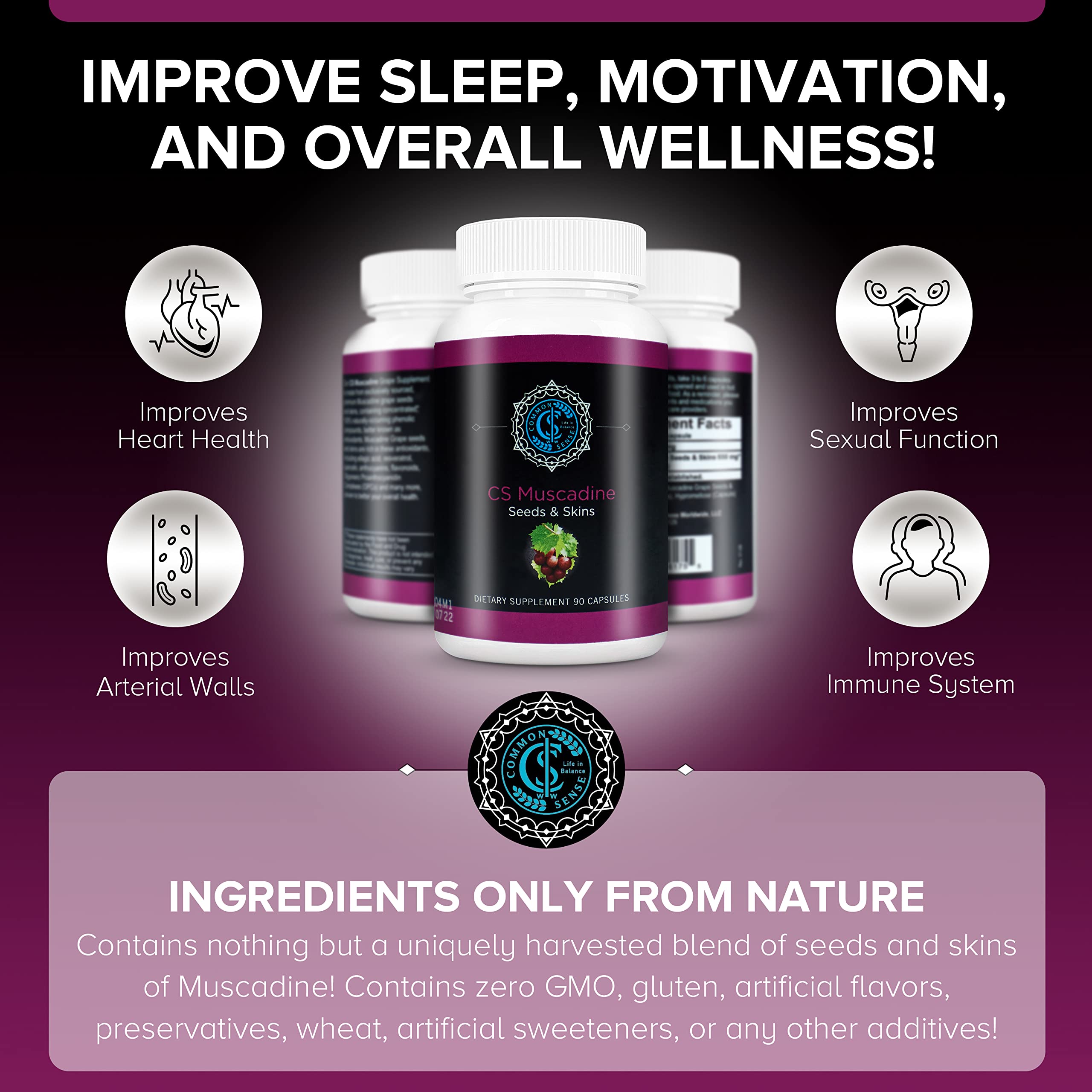The Commonsense Pure Muscadine bottle is shown with a glass for daily wellness routine.