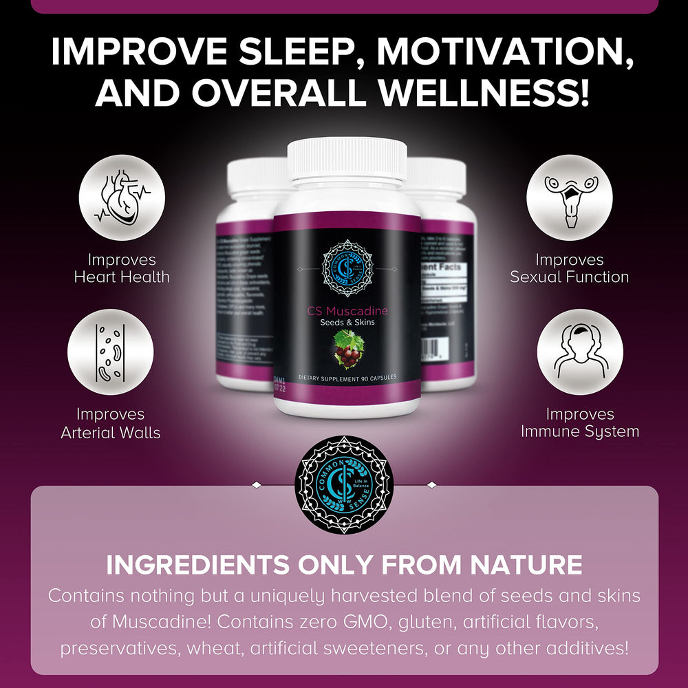 The Commonsense Pure Muscadine bottle is shown with a glass for daily wellness routine.