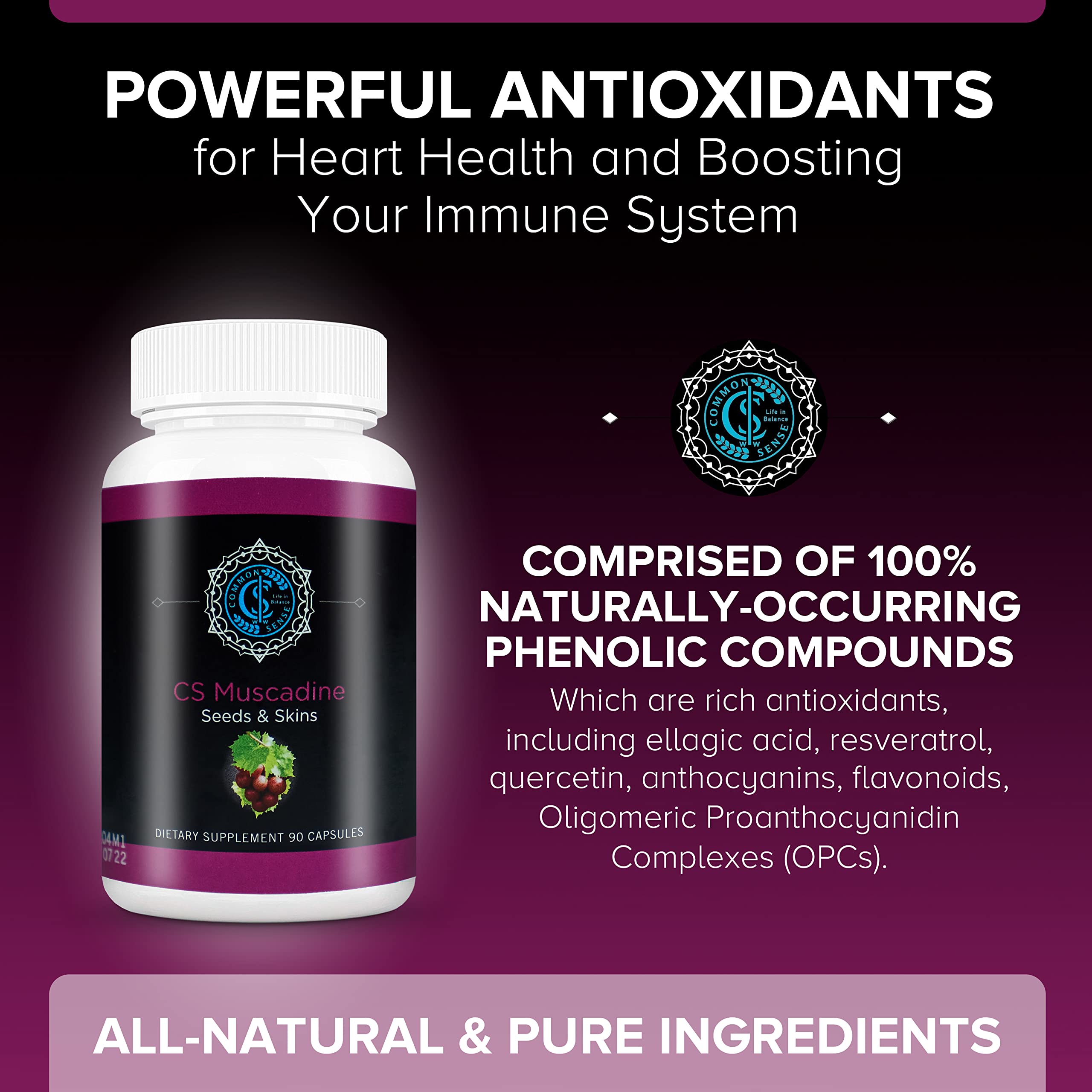 Close-up of Commonsense Pure Muscadine capsules reveals polyphenol-rich formula.