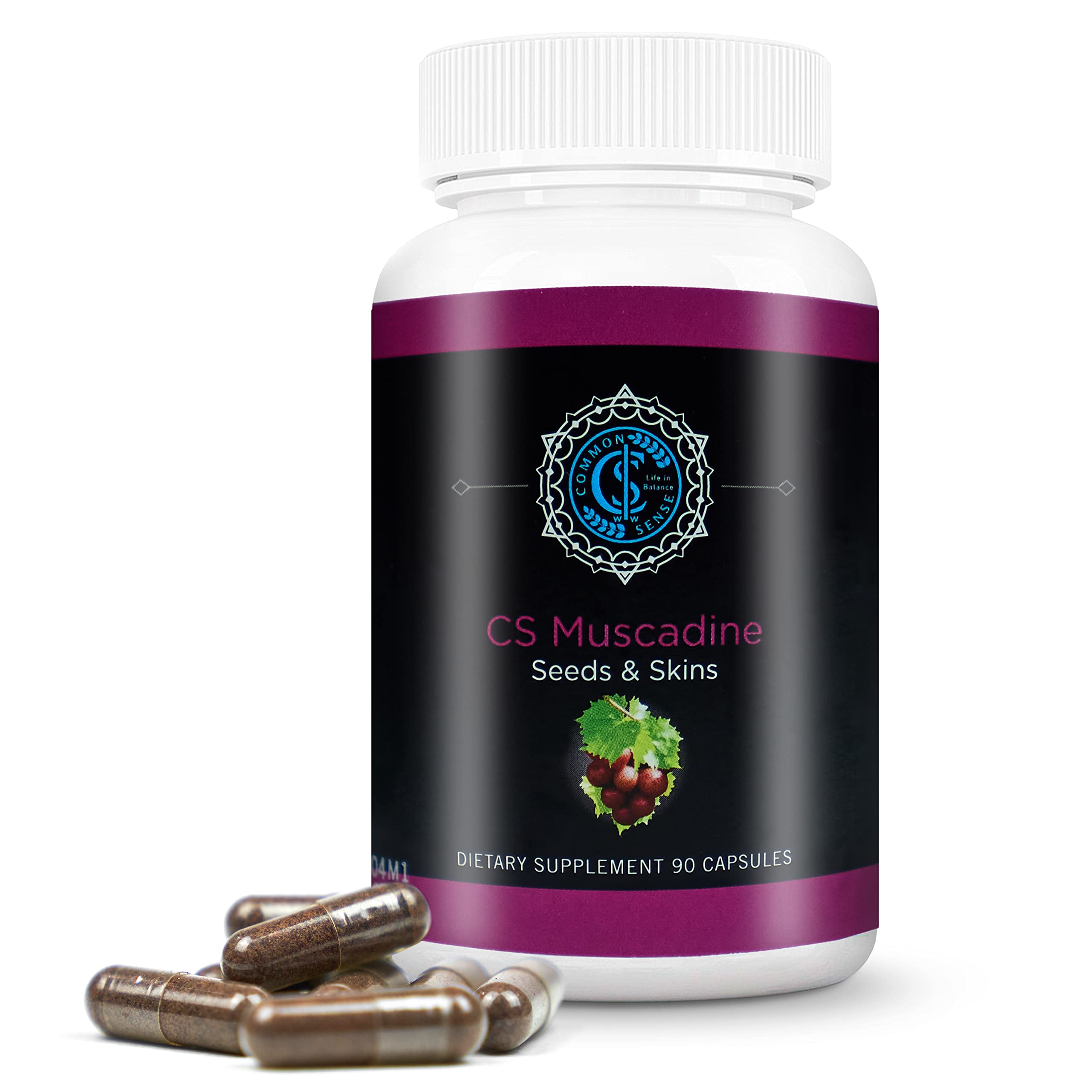 Commonsense Pure Muscadine capsules bottle highlights an antioxidant blend for heart and immune support.
