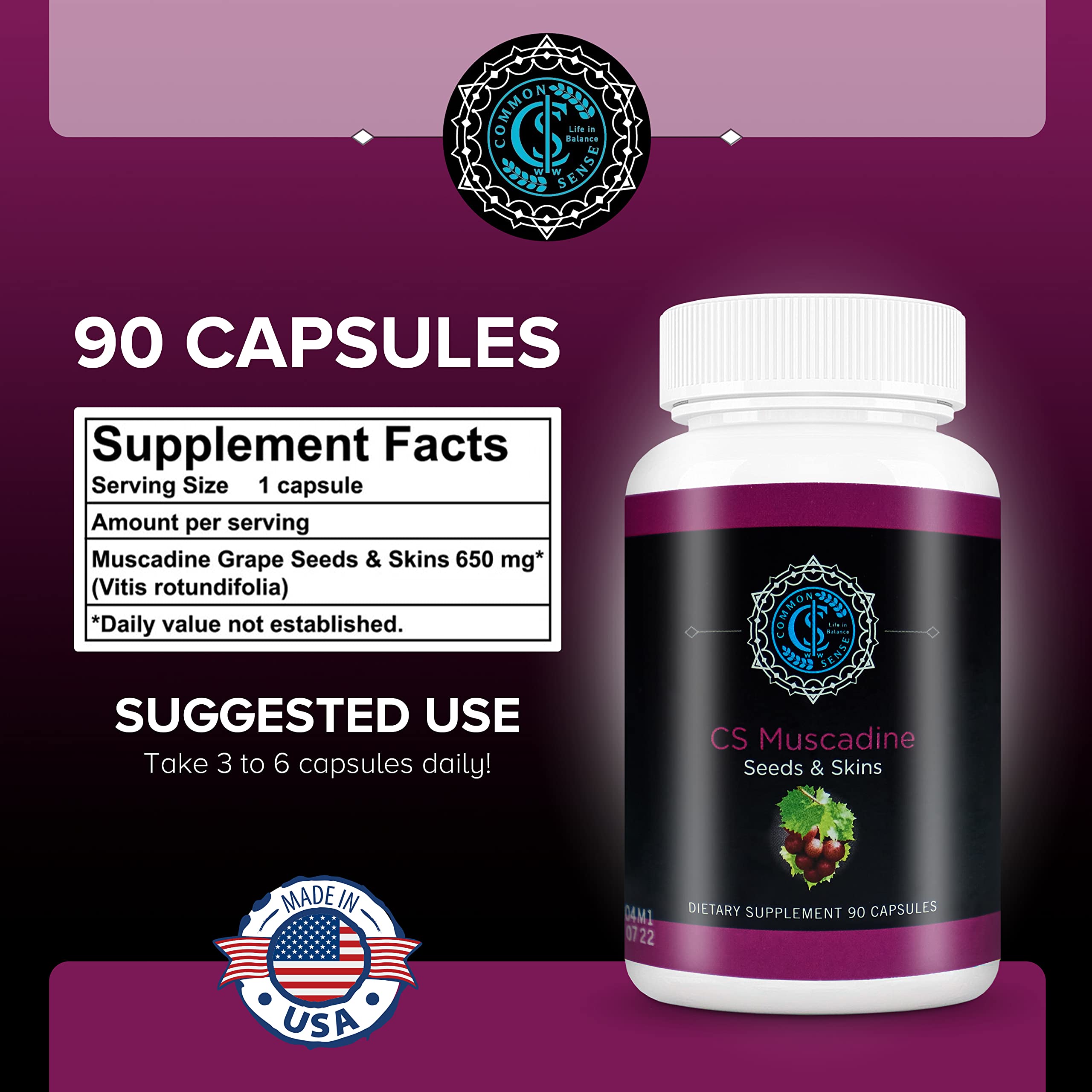 Heart health concept with Commonsense Muscadine capsules displayed on a clean surface.