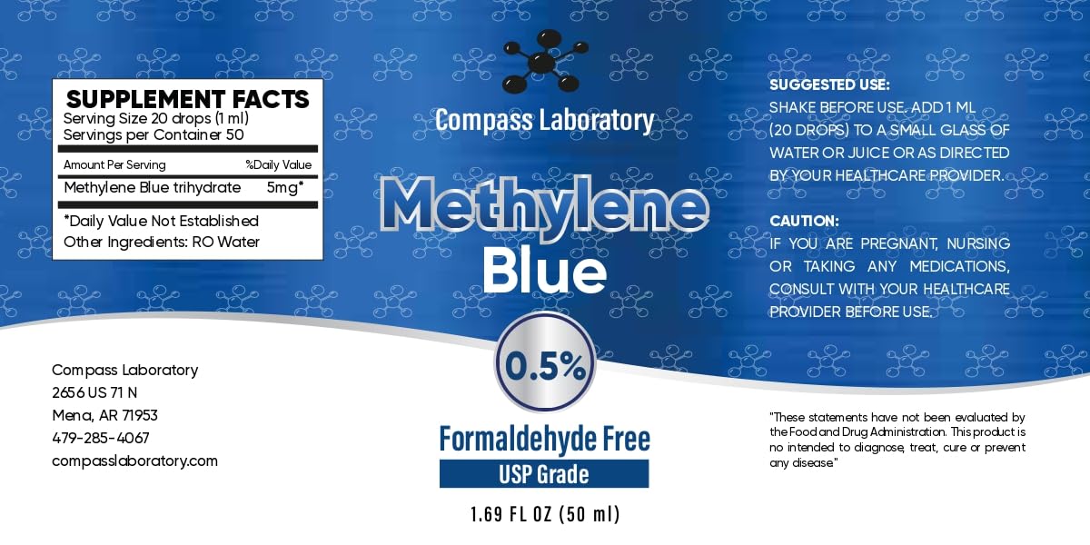 COMPASS LABORATORY Methylene Blue bottle-pour—easy dispensing for precise dosing.