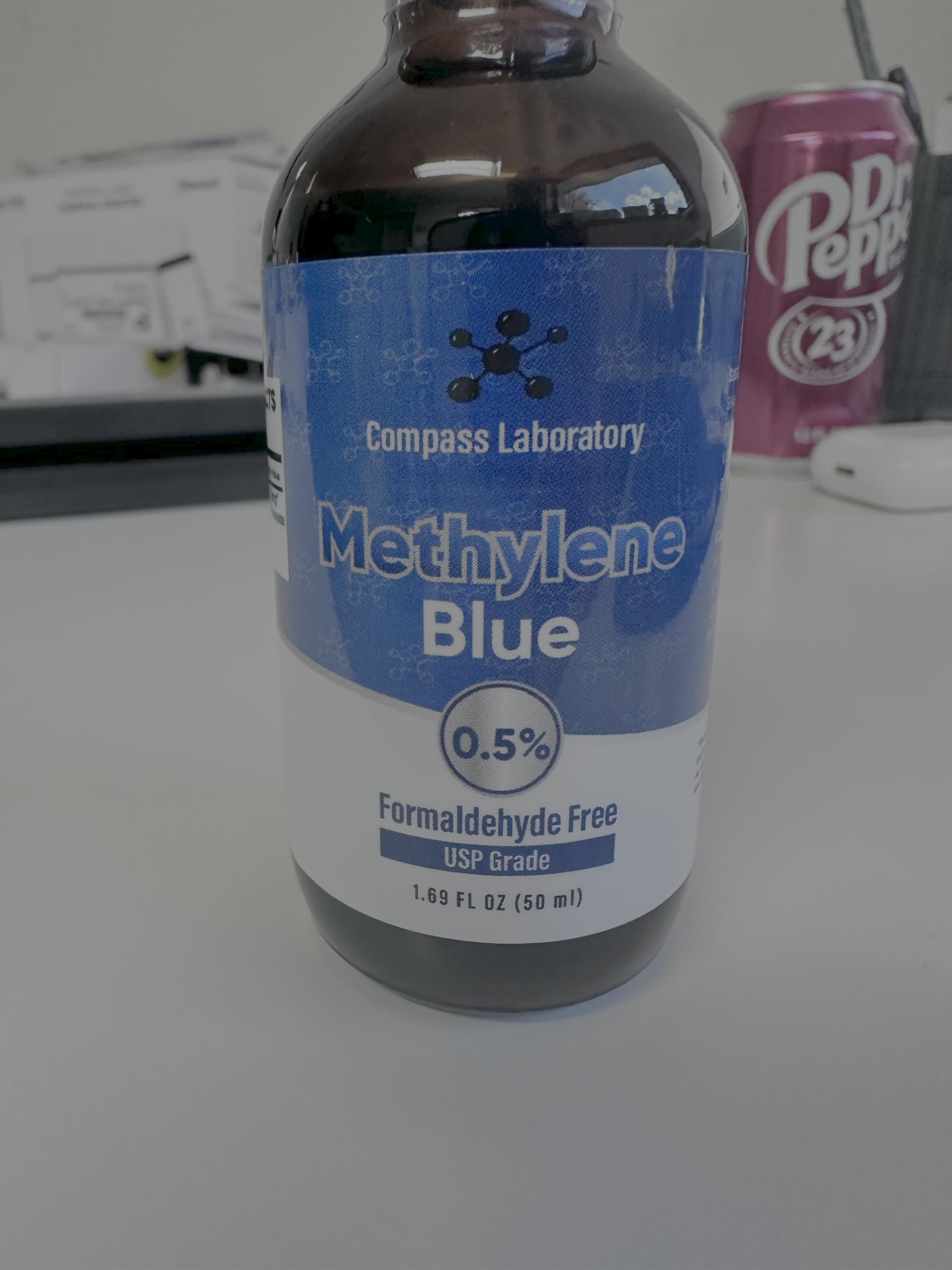 COMPASS LABORATORY Methylene Blue glass-vial—burst of clarity with safe storage.