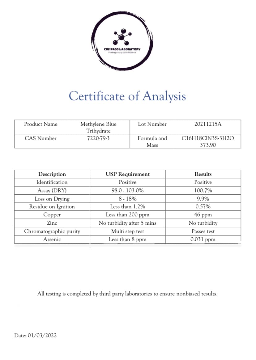 COMPASS LABORATORY Methylene Blue packaging—glass packaging preserves potency.