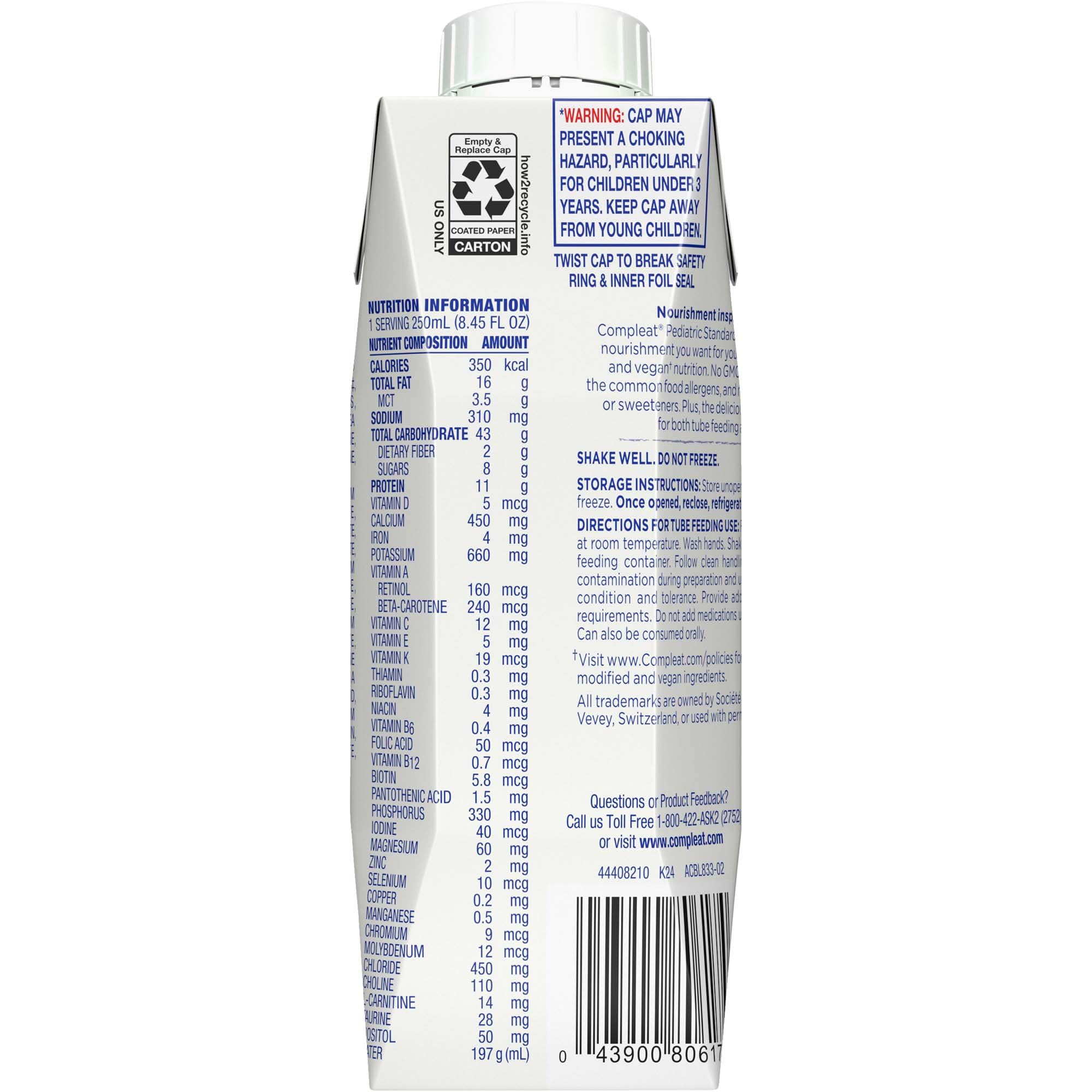 Compleat Vanilla nutrition facts: highlights pea protein and fiber content.