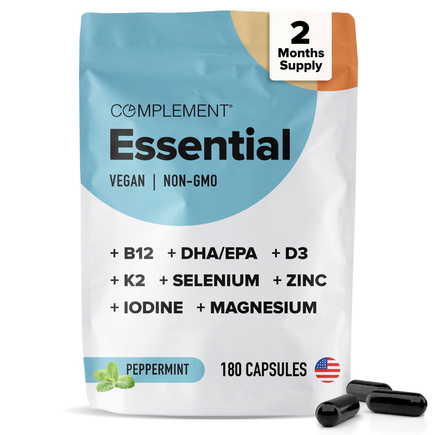 Complement Essential vegan multivitamin bottle front ready for daily use to boost energy