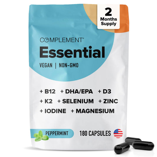 Complement Essential vegan multivitamin bottle front ready for daily use to boost energy