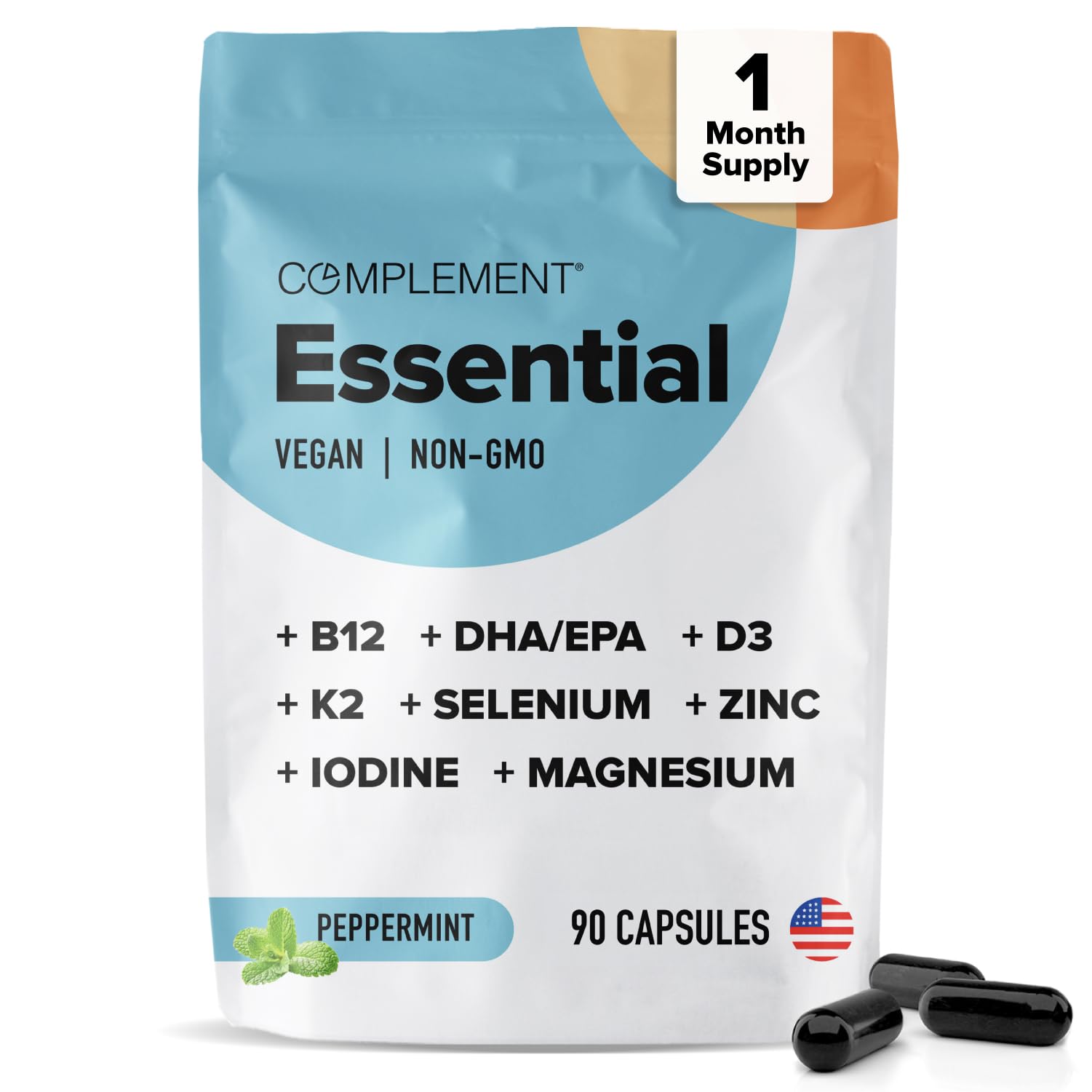 Complement essential vegan multivitamin bottle for daily plant-based nutrition