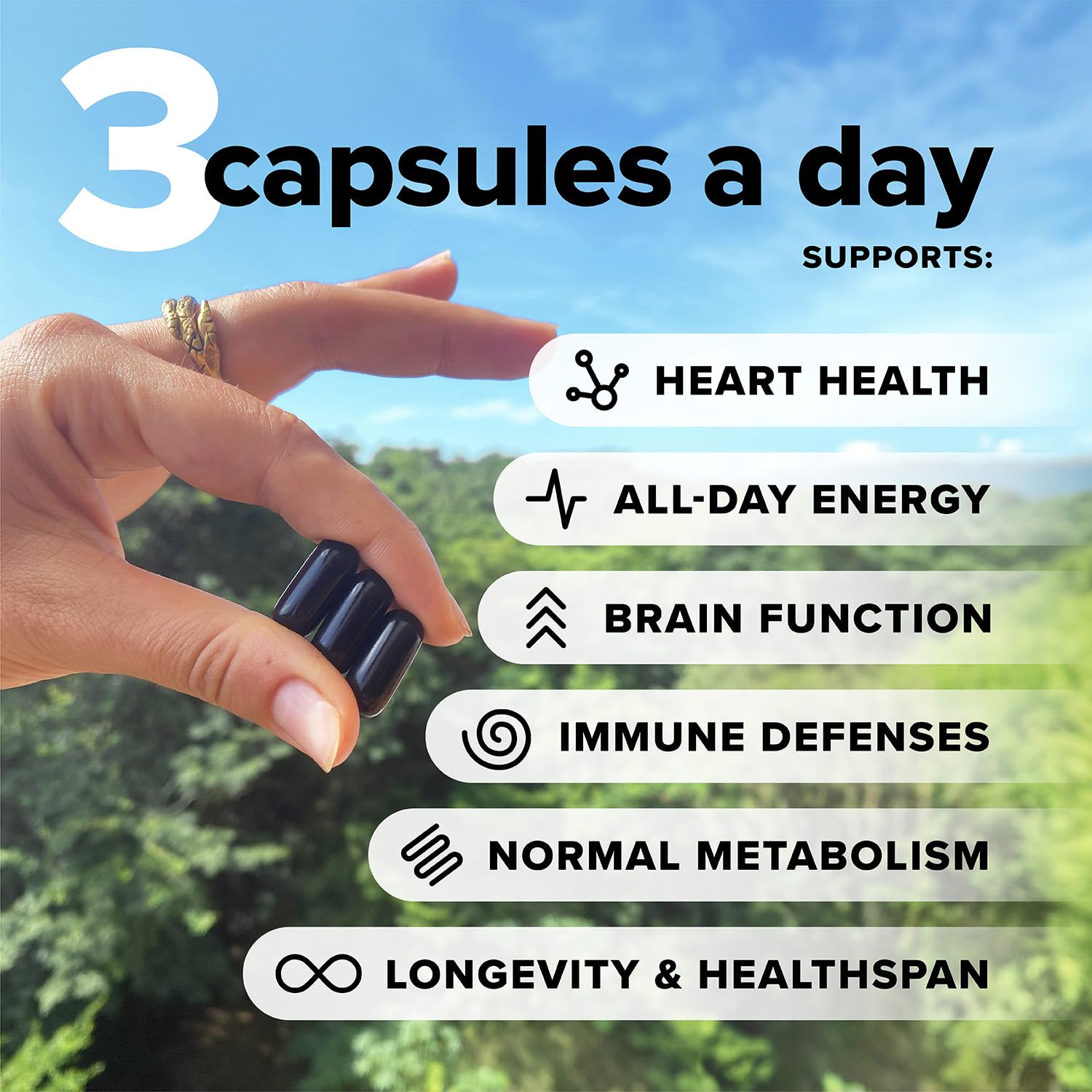 Closeup of Complement Essential vegan multivitamin capsules showing easy-to-swallow form