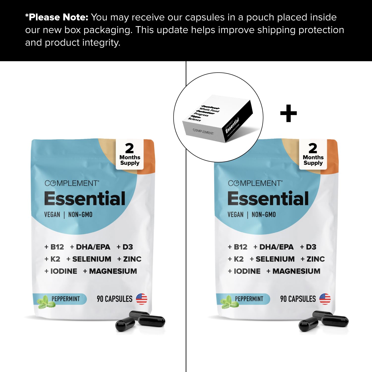 Daily-dosing setup for Complement Essential vegan multivitamin capsules