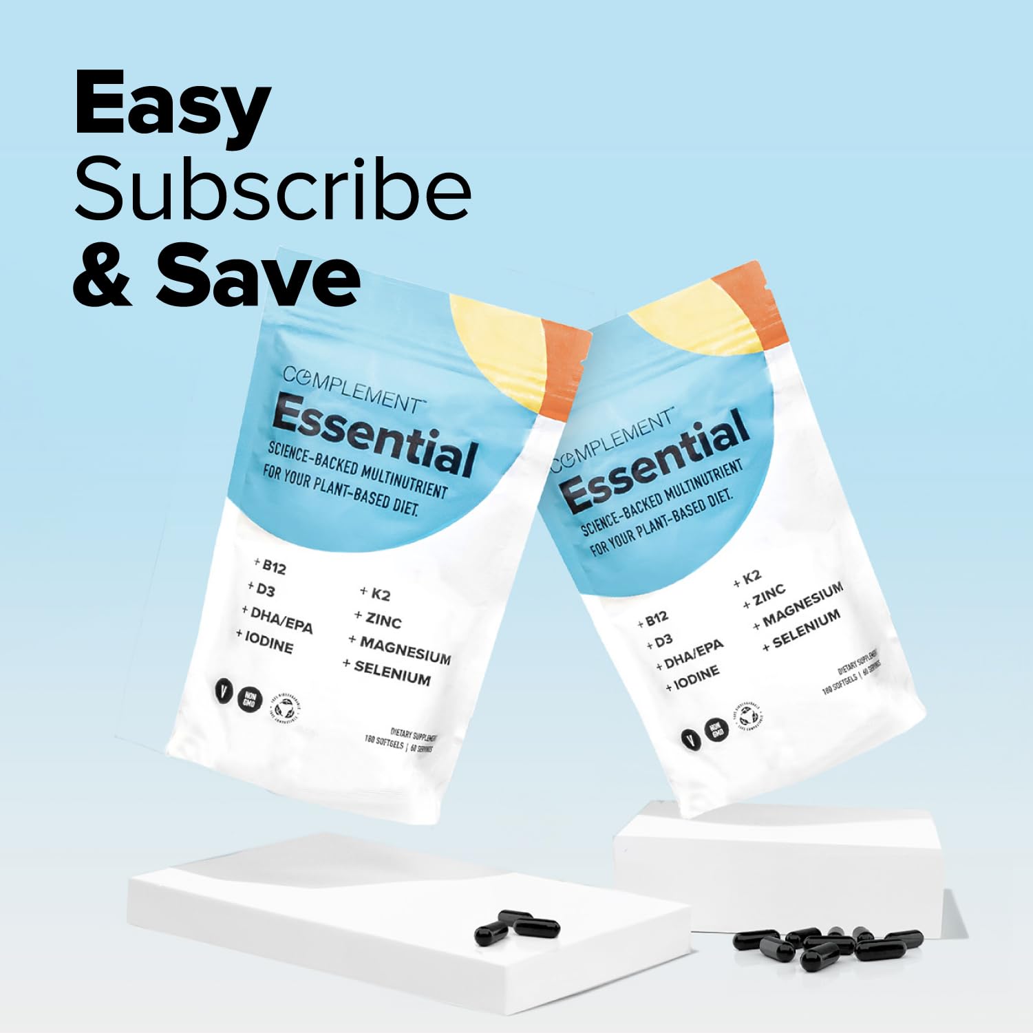 Omega-3 DHA and omega-3 icons on Complement Essential vegan multivitamin label