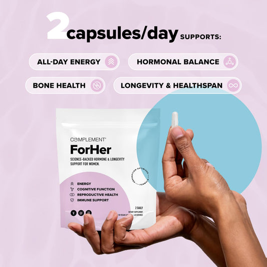 Complement ForHer capsules close-up highlighting an easy-to-swallow form.